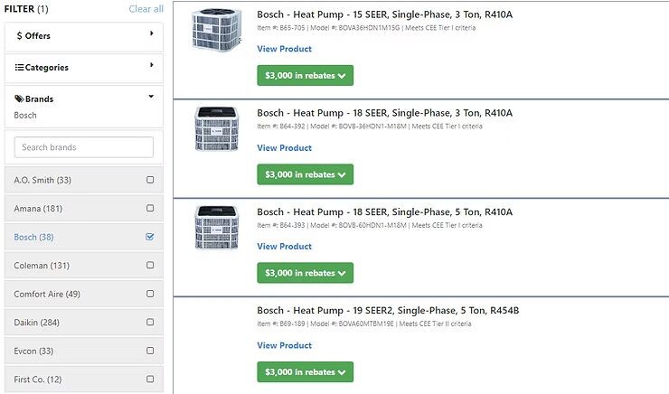 Online rebate center listing Bosch heat pump models with $3,000 in available rebates