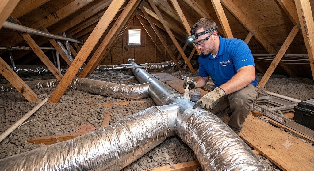 Technician checking duct trunk lines in an attic
