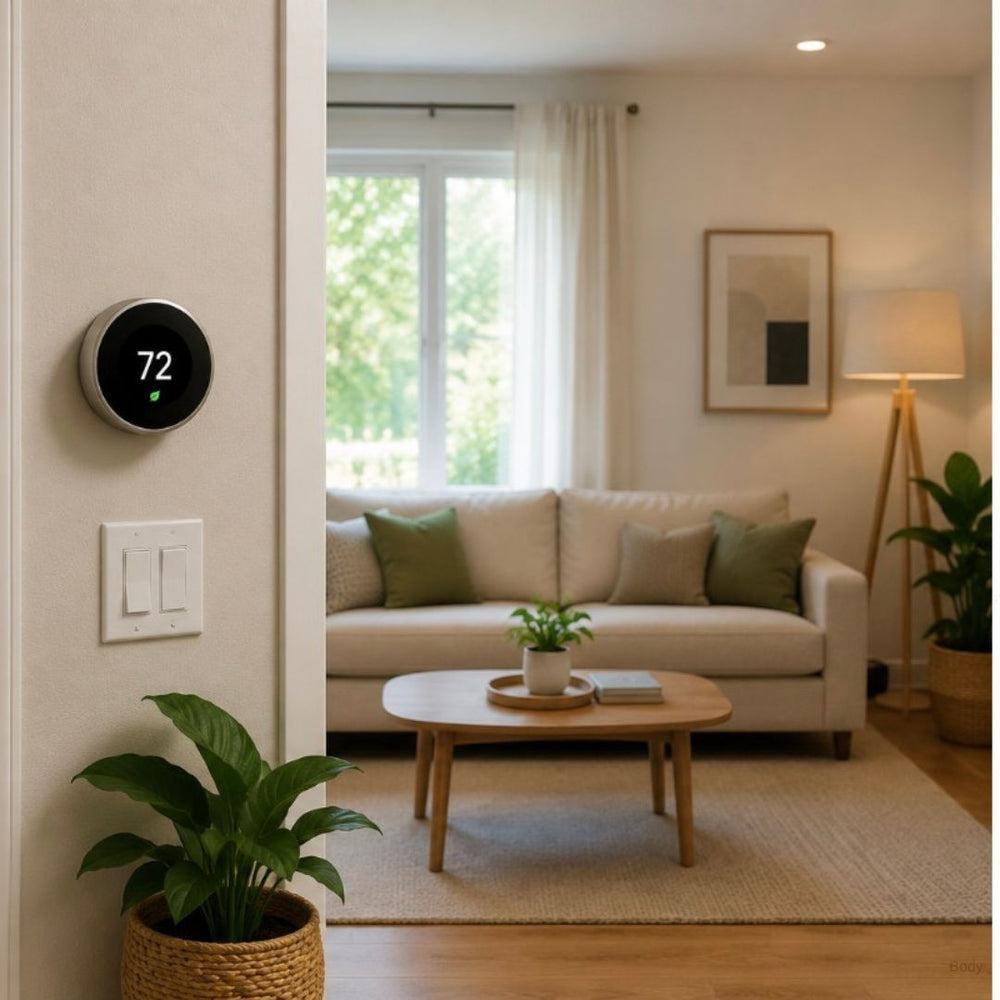 Smart thermostat in California displaying 72°F in a home