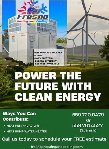 Fresno Heating and Cooling advertisement showing a heat pump unit and wind turbines with rebate information