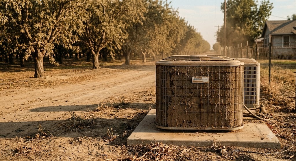 Outdoor condenser coated in dust beside an orchard in Madera County