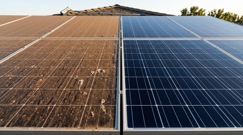 Side-by-side comparison of dirty and clean rooftop solar panels