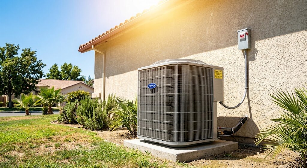 Outdoor air conditioner unit on a Hanford home under bright afternoon sun