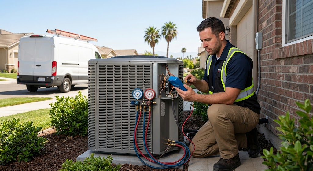 Technician in safety vest repairing an outdoor air conditioning unit