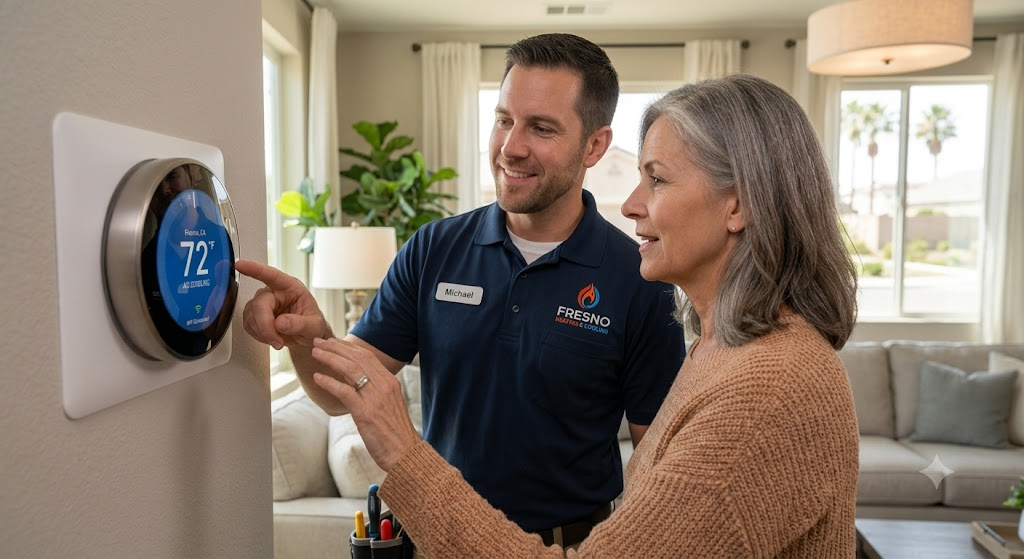 Technician showing a homeowner a smart thermostat and its screen display