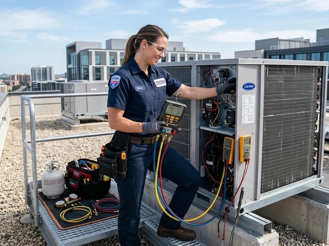 Commercial rooftop HVAC technician providing commercial HVAC service in California