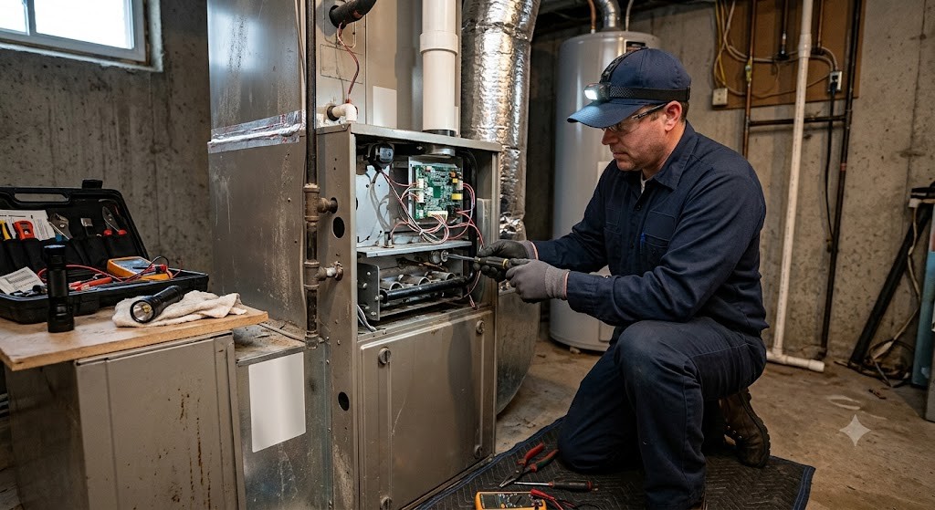 Technician inspecting return ductwork in an attic
