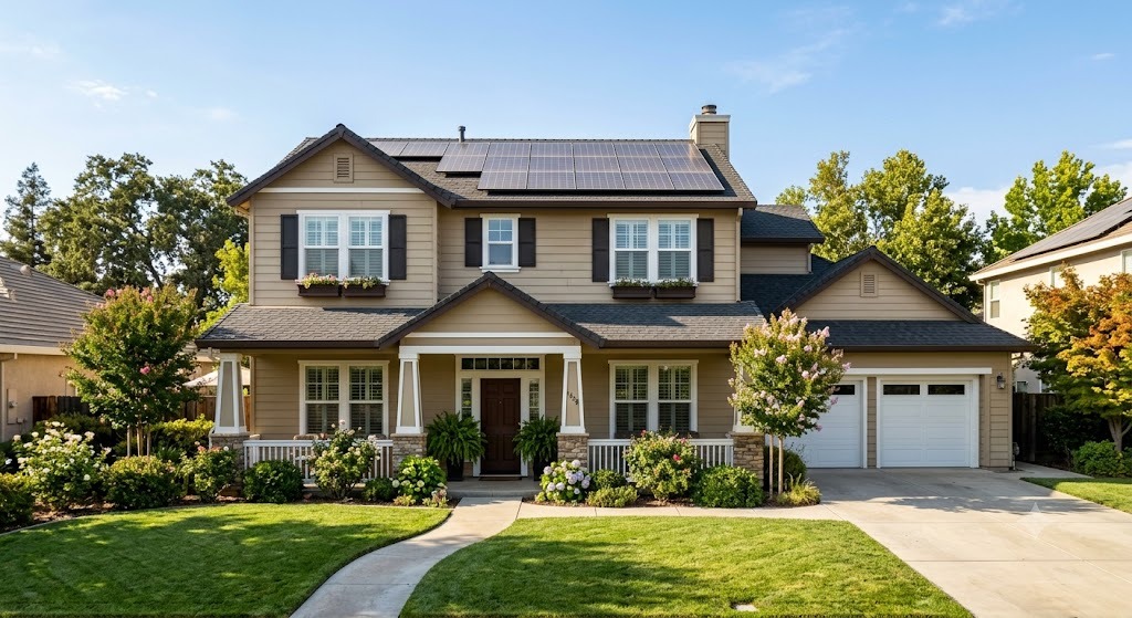 Two-story Clovis home with a south-facing roofline on a sunny afternoon