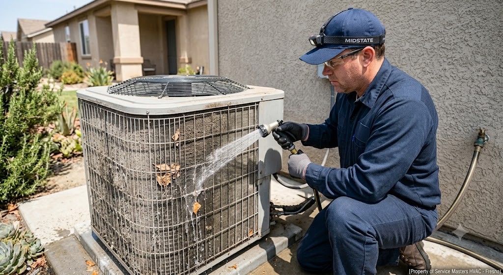 Technician rinsing a dusty outdoor condenser at a Fresno home