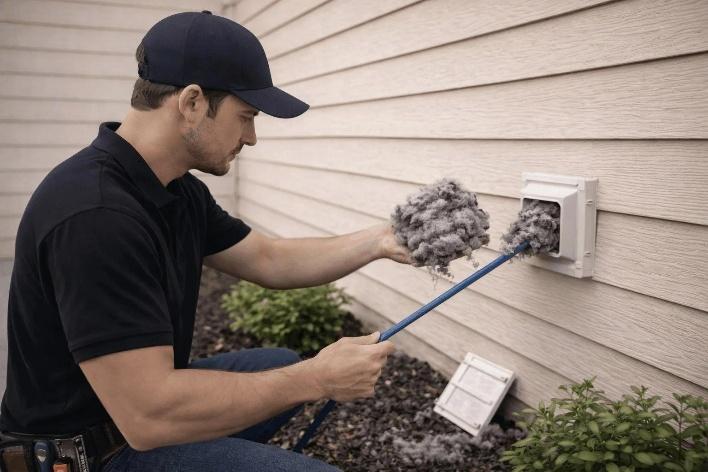 dryer vent cleaning in California removing lint from a residential exhaust duct