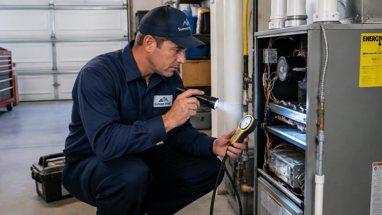 Furnace technician performing a safety inspection on a California home heating system.
