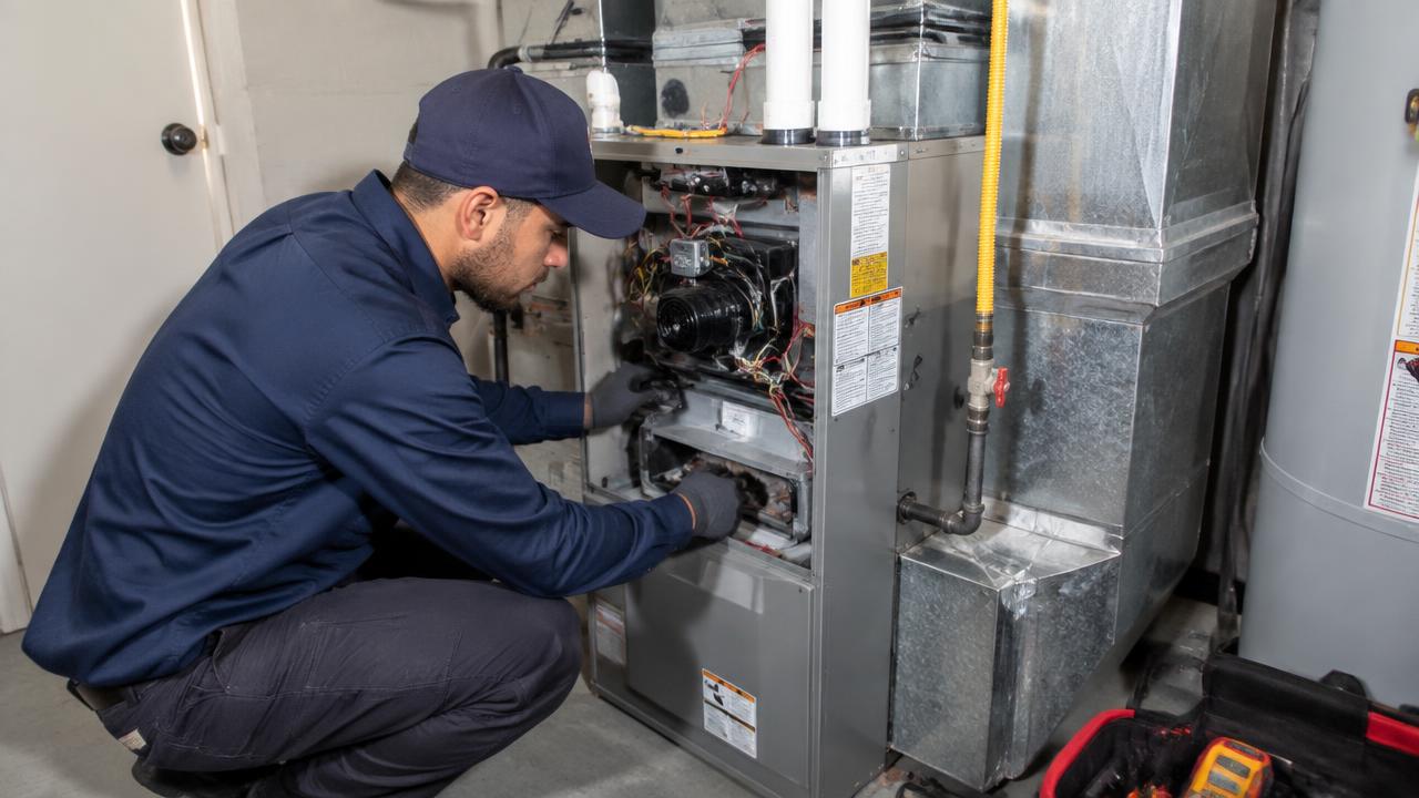 Professional furnace installation in California with technician checking heating system connections.