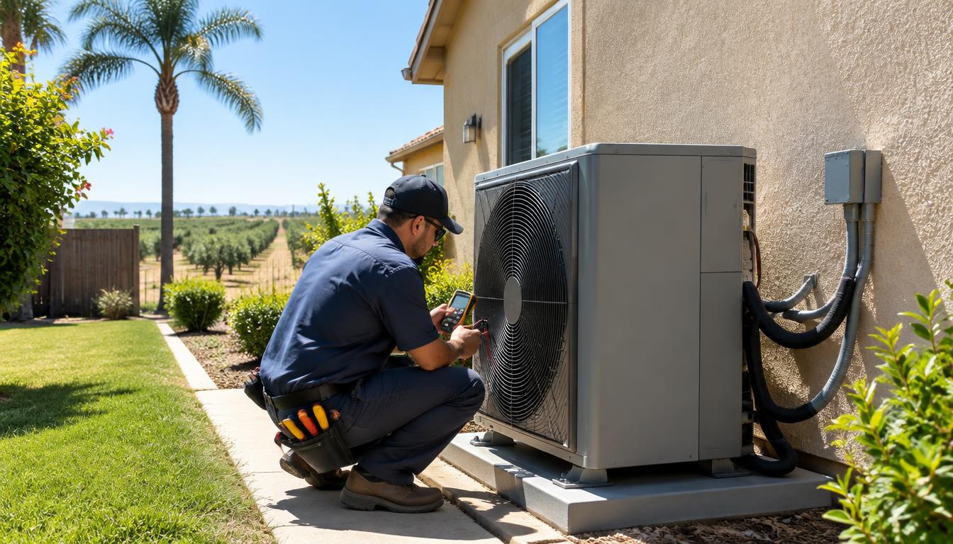 HVAC technician checking a new outdoor heat pump beside a stucco home in Fresno, California