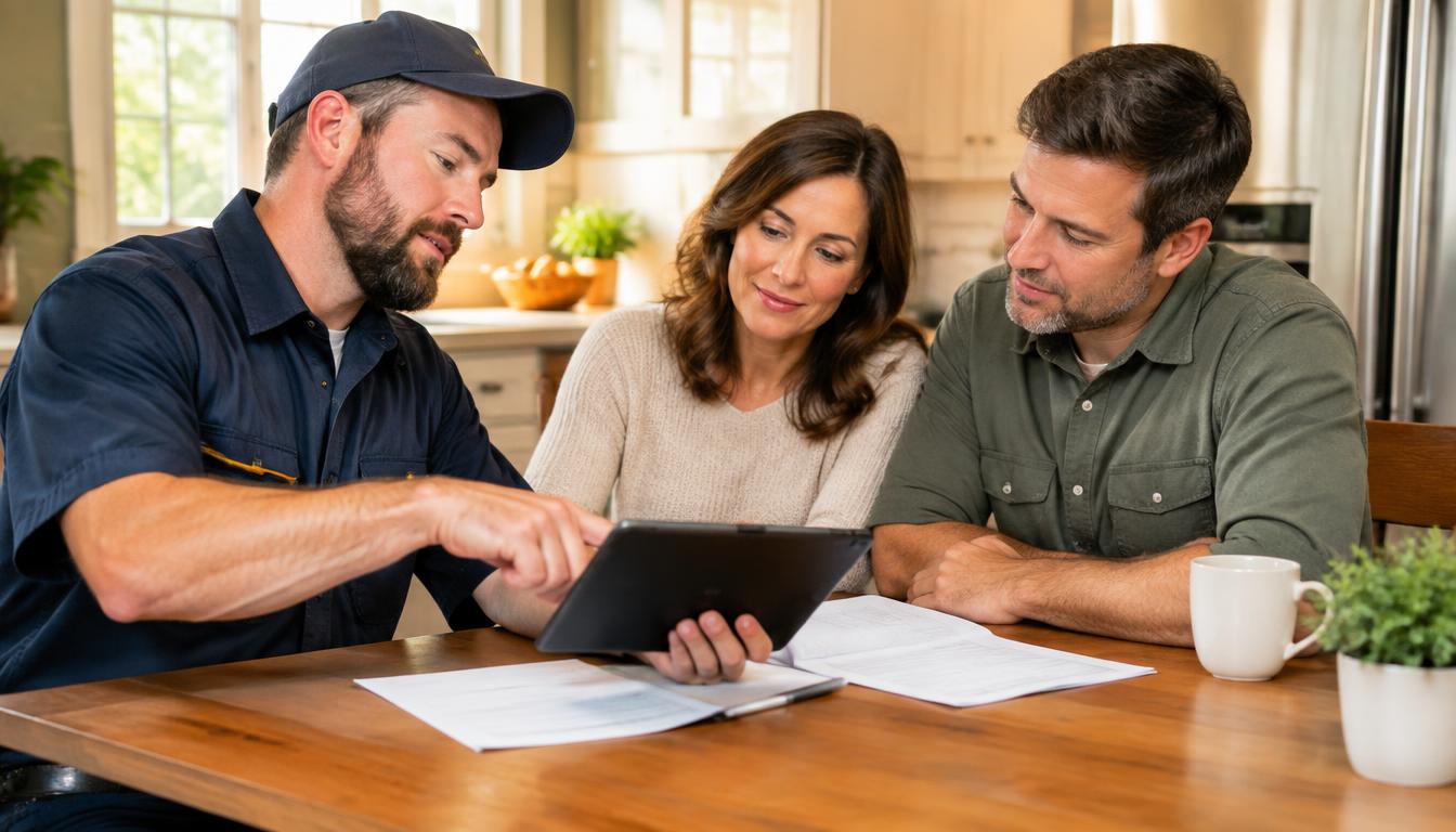 HVAC contractor reviewing heat pump rebate and financing options on a tablet with Fresno homeowners