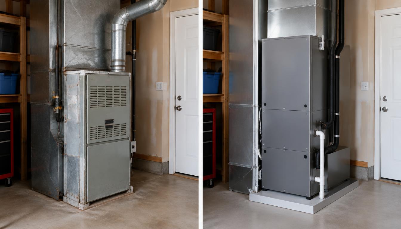 Old gas furnace compared side by side with a new electric heat pump air handler in a garage