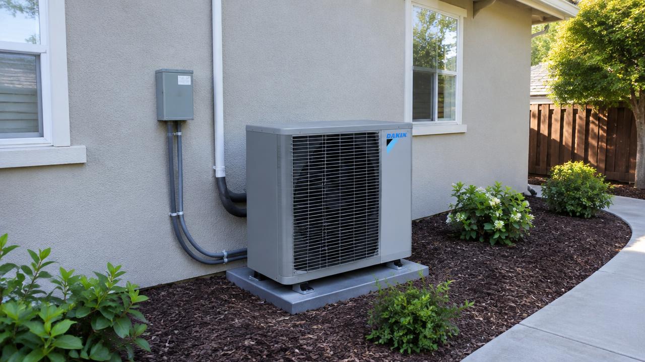 Professionally installed heat pump system at a California home.