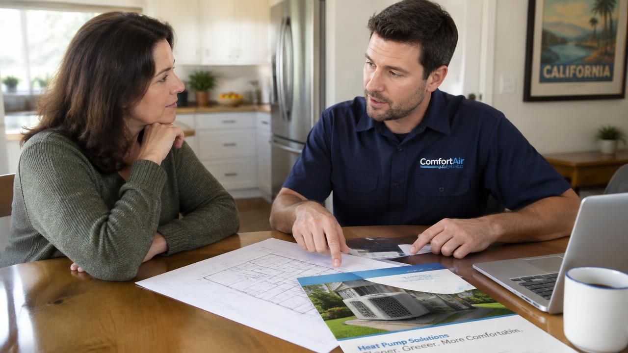 Homeowner discussing heat pump installation options with a California HVAC contractor.