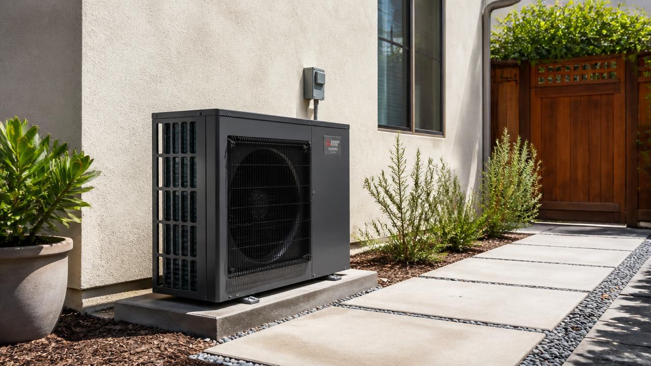Electric heat pump outdoor unit installed beside a California home in bright daylight