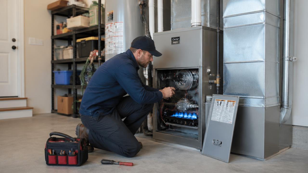 HVAC technician inspecting the burners of a residential natural gas furnace connected to ductwork