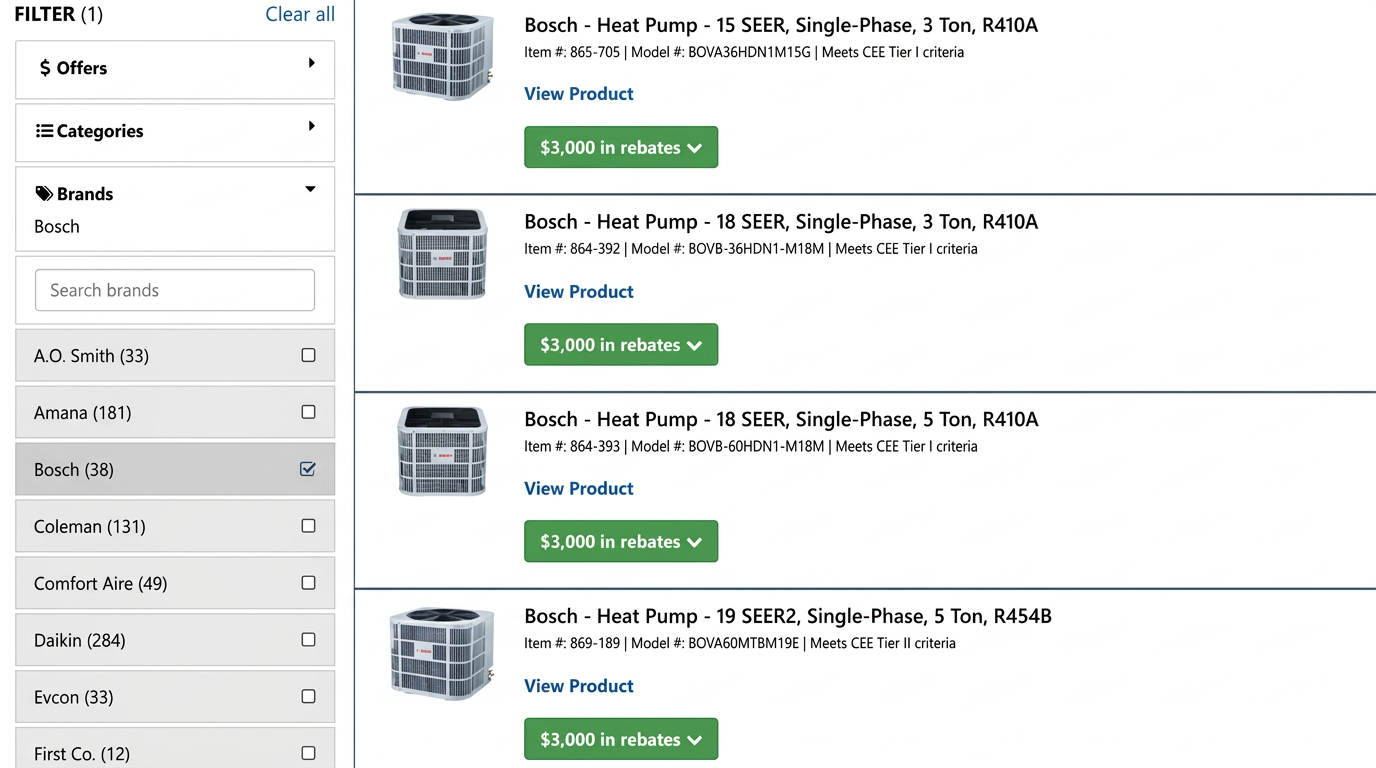 Online rebate center listing Bosch heat pump models with $3,000 in available rebates