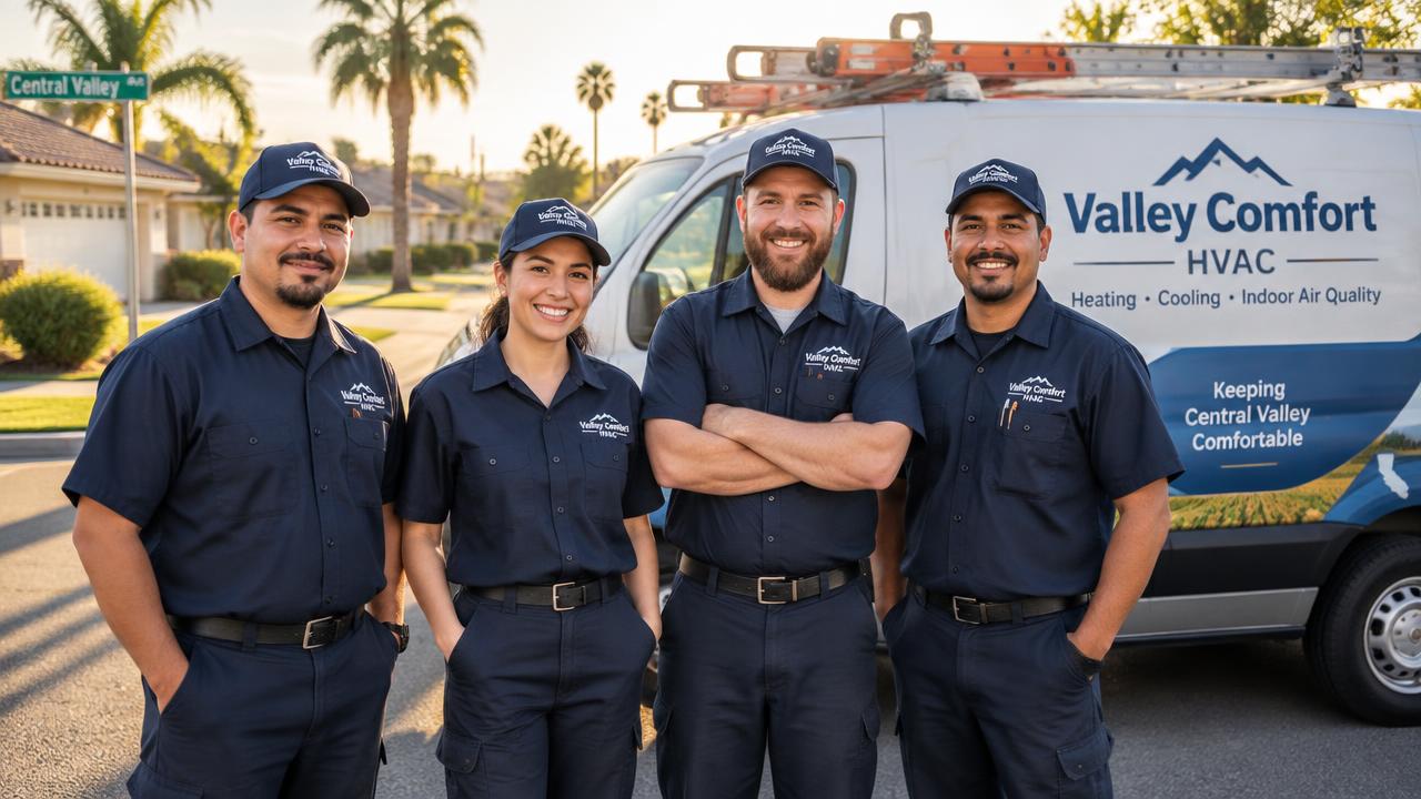 Family-owned HVAC technician team in uniforms standing beside a service van in a Central Valley neighborhood