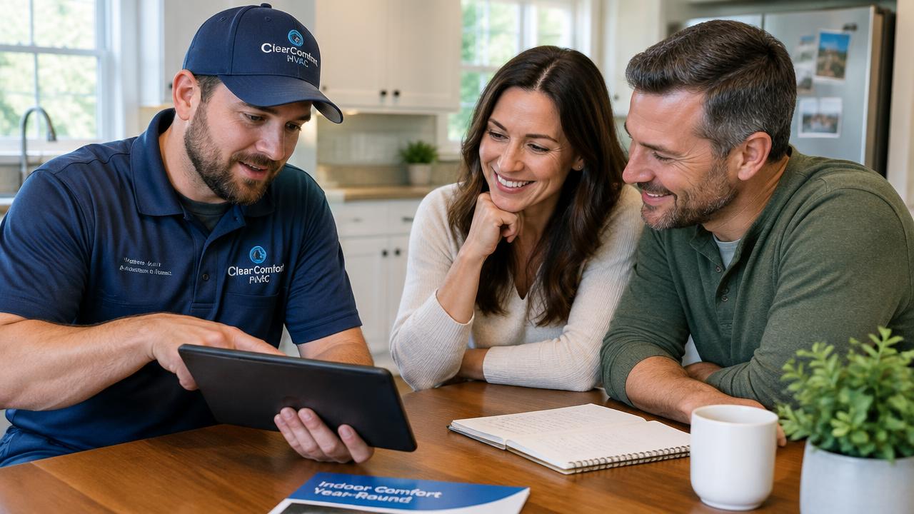 HVAC technician transparently reviewing a written estimate on a tablet with homeowners at their kitchen table