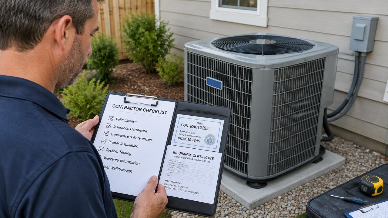 Homeowner reviewing an HVAC contractor checklist with license and insurance documents beside an outdoor AC unit